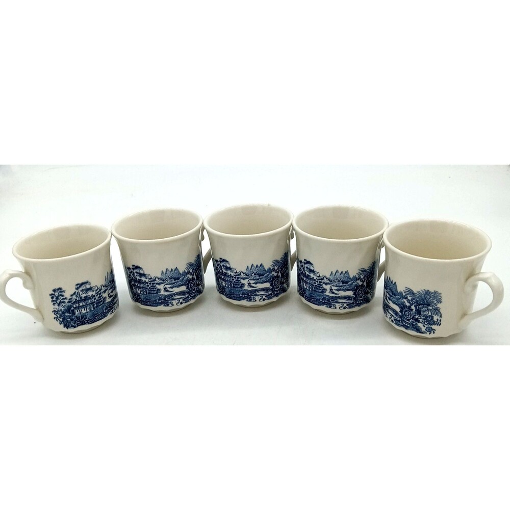 Vintage Churchill England Tonquin Blue Set of 5 Tea Cups Bridge Cottage Scene